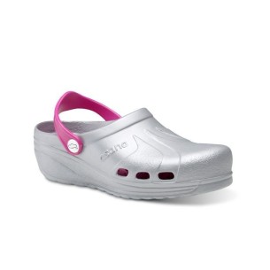 Silberne und fuchsiafarbene anatomische Clogs FELIZ CAMINAR 2